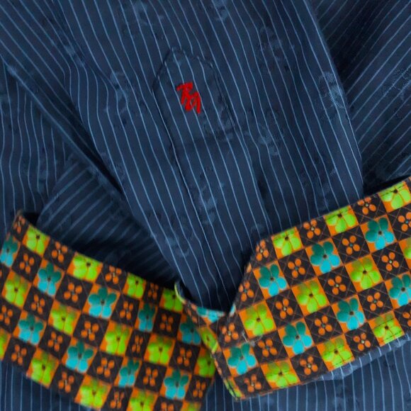 Robert Graham Blue Button Down Shirt Long Sleeve Striped Silk Print Size XL - Picture 6 of 9